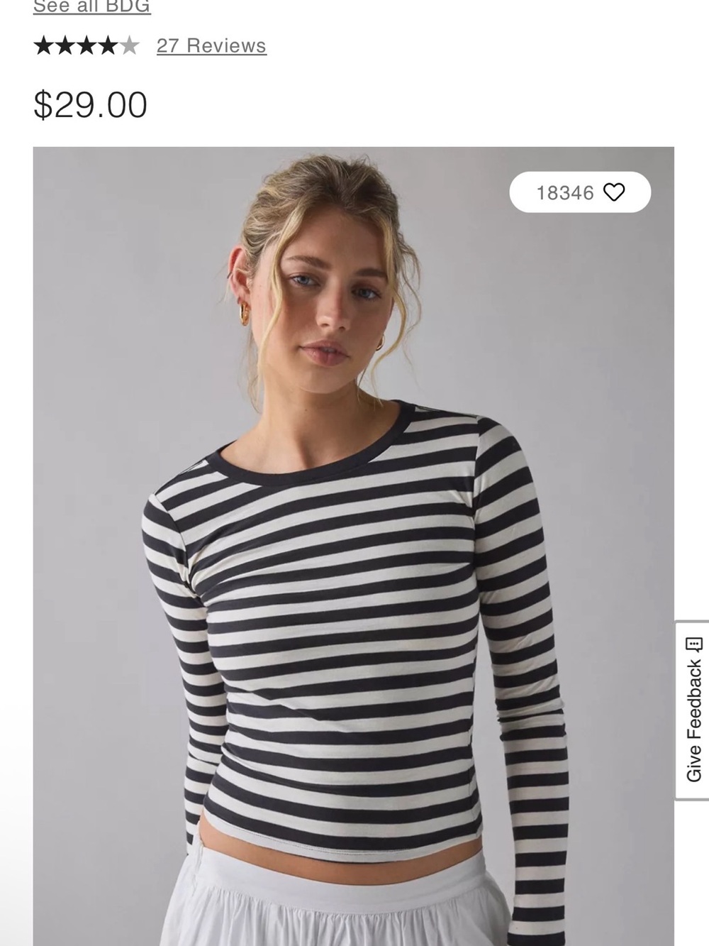 BDG Black and White Striped Long Sleeve Crew Tee-Small